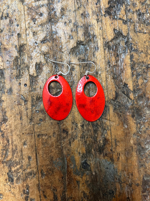 Handmade Enameled Copper Earrings ~~ Flame Orange and red accents ~ Sterling Silver earwire