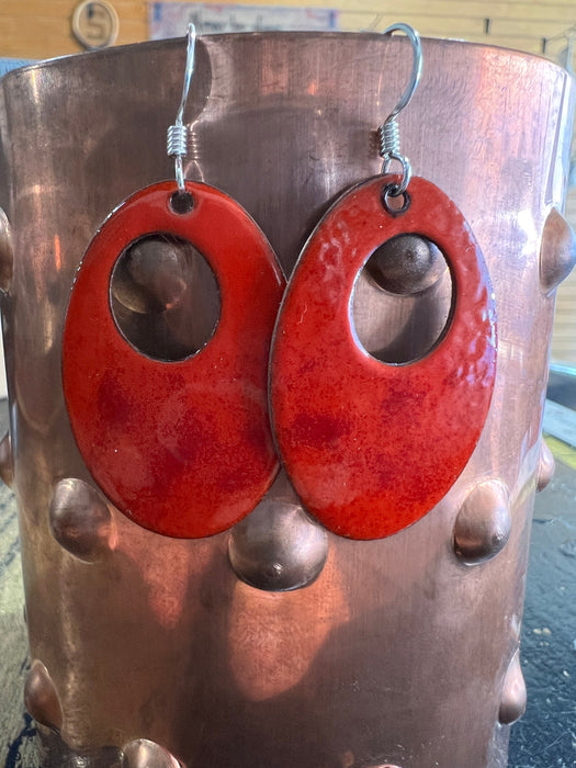 Handmade Enameled Copper Earrings ~~ Flame Orange and red accents ~ Sterling Silver earwire