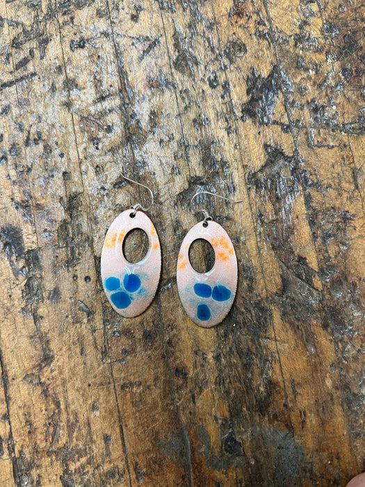 Handmade Enameled Copper Earrings ~~ Clear Enamel over Copper with Aqua Blue and Tangerine ~ Sterling silver earwires