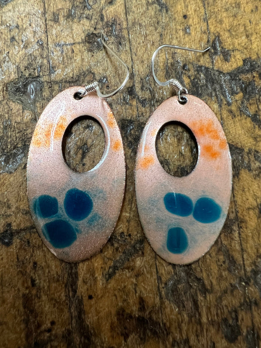 Handmade Enameled Copper Earrings ~~ Clear Enamel over Copper with Aqua Blue and Tangerine ~ Sterling silver earwires