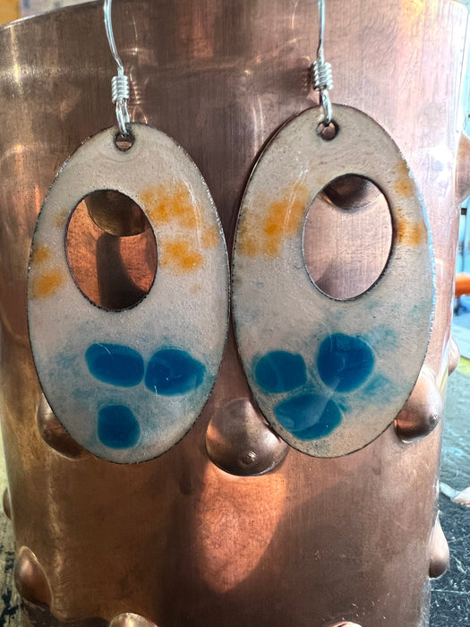 Handmade Enameled Copper Earrings ~~ Clear Enamel over Copper with Aqua Blue and Tangerine ~ Sterling silver earwires