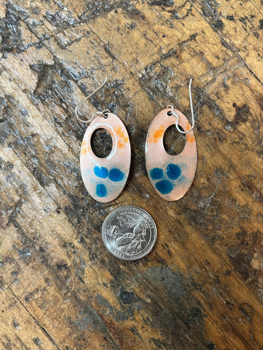 Handmade Enameled Copper Earrings ~~ Clear Enamel over Copper with Aqua Blue and Tangerine ~ Sterling silver earwires