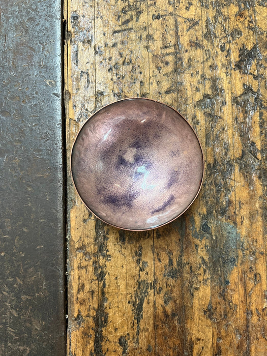 Hand Hammered Kiln Fired Copper and Vitreous Enamel Bowl ~ Clear Enamel with Purple Accents