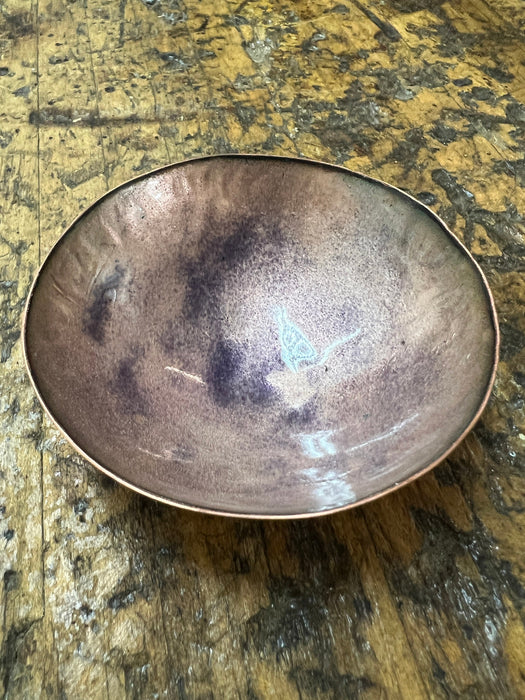 Hand Hammered Kiln Fired Copper and Vitreous Enamel Bowl ~ Clear Enamel with Purple Accents