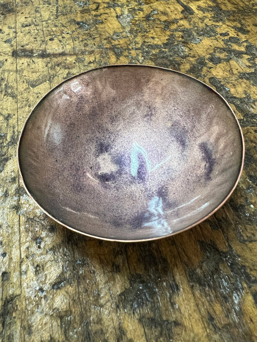 Hand Hammered Kiln Fired Copper and Vitreous Enamel Bowl ~ Clear Enamel with Purple Accents