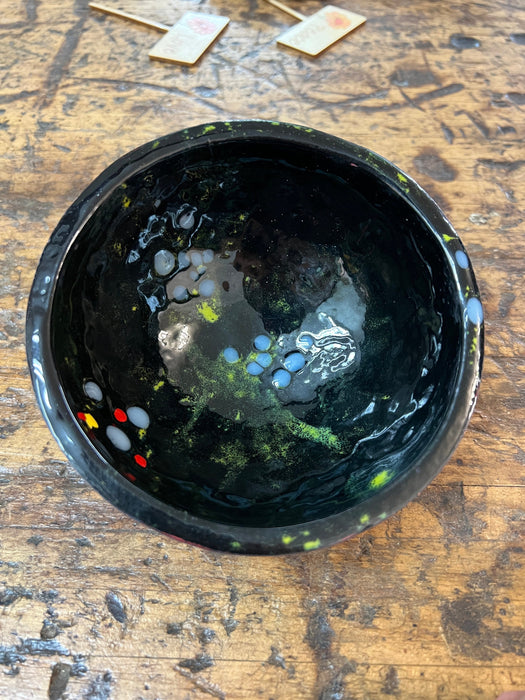 Hand Hammered Kiln Fired Copper and Vitreous Enamel Bowl ~ Glossy Black with Exposed Copper Bottom ~ Enameled Bowl Ring Included