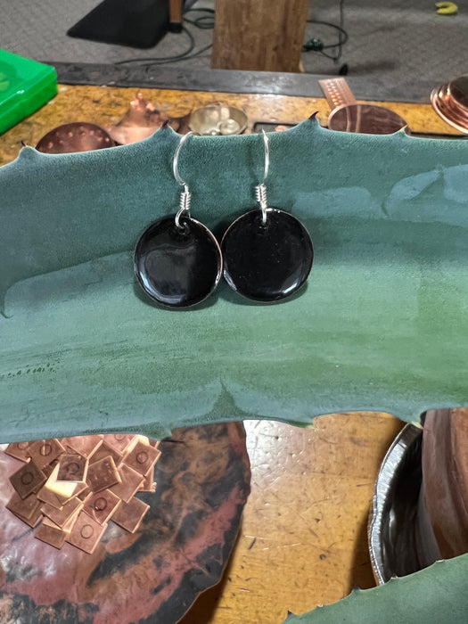 Small Classic Black Handmade Enameled Copper Earrings ~ 5/8 inch round earrings sterling silver ear wire