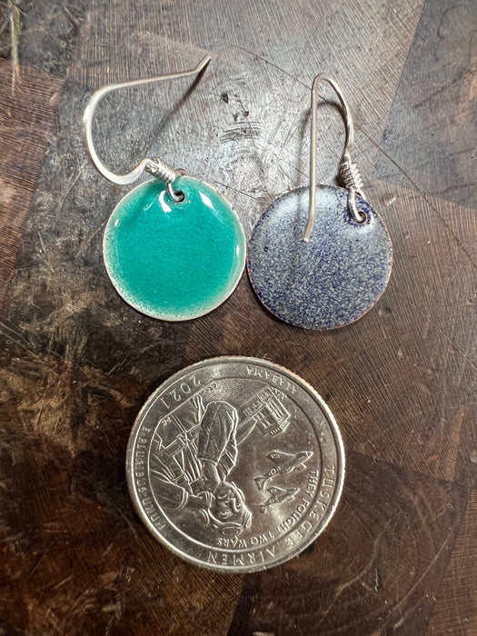 Small Transparent Turquoise Handmade Enameled Copper Earrings ~ 5/8 inch round earrings sterling silver ear wire