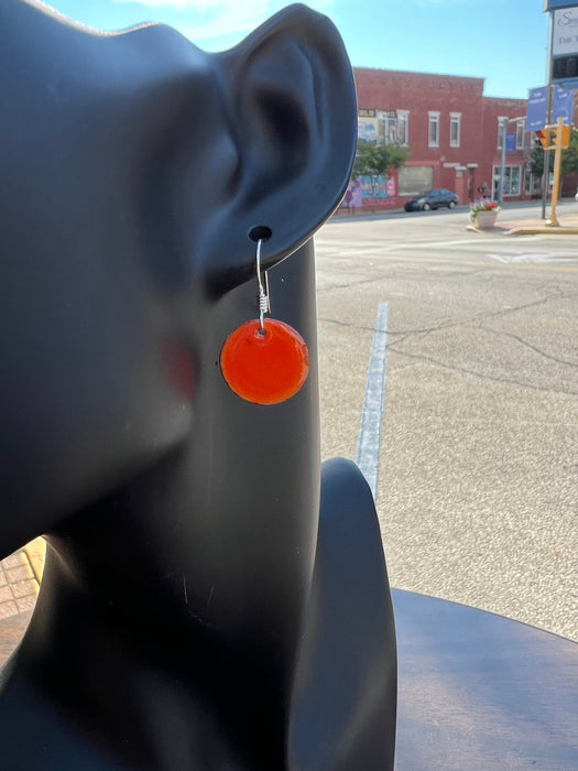 Small Transparent Orange Handmade Enameled Copper Earrings ~ 5/8 inch round earrings sterling silver ear wire