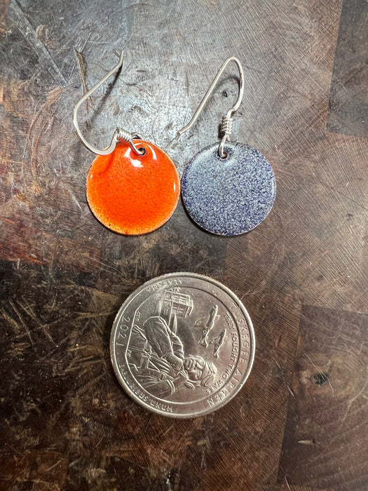 Small Transparent Orange Handmade Enameled Copper Earrings ~ 5/8 inch round earrings sterling silver ear wire