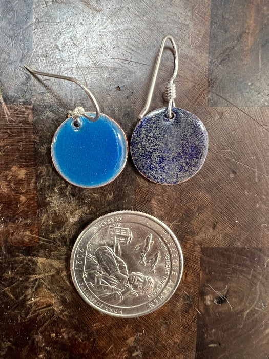 Small Transparent Coneflower Blue Handmade Enameled Copper Earrings ~ 5/8 inch round earrings sterling silver ear wire