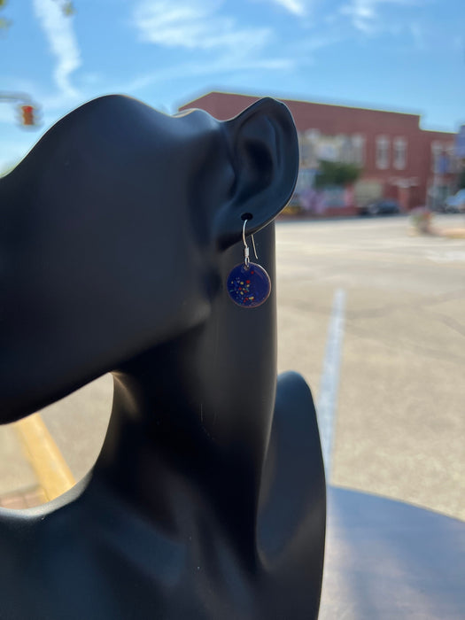 Small Transparent Periwinkle Blue with Glass Confetti Handmade Enameled Copper Earrings ~ 5/8 inch round earrings sterling silver ear wire