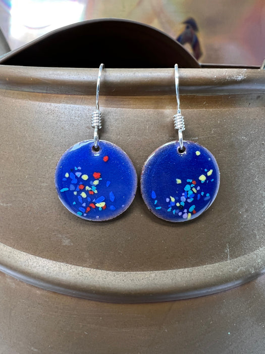 Small Transparent Periwinkle Blue with Glass Confetti Handmade Enameled Copper Earrings ~ 5/8 inch round earrings sterling silver ear wire