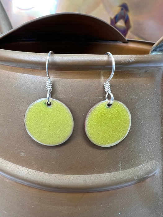 Small Transparent Chartreuse Yellow Handmade Enameled Copper Earrings ~ 5/8 inch round earrings sterling silver ear wire