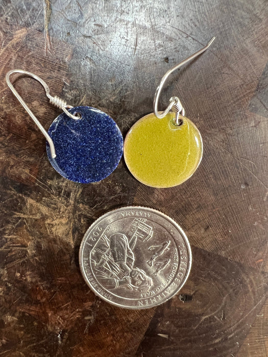 Small Transparent Chartreuse Yellow Handmade Enameled Copper Earrings ~ 5/8 inch round earrings sterling silver ear wire