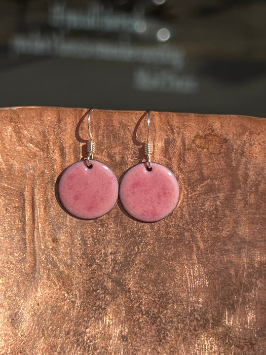 Small Petal Pink Handmade Enameled Copper Earrings ~ 5/8 inch round earrings sterling silver ear wire