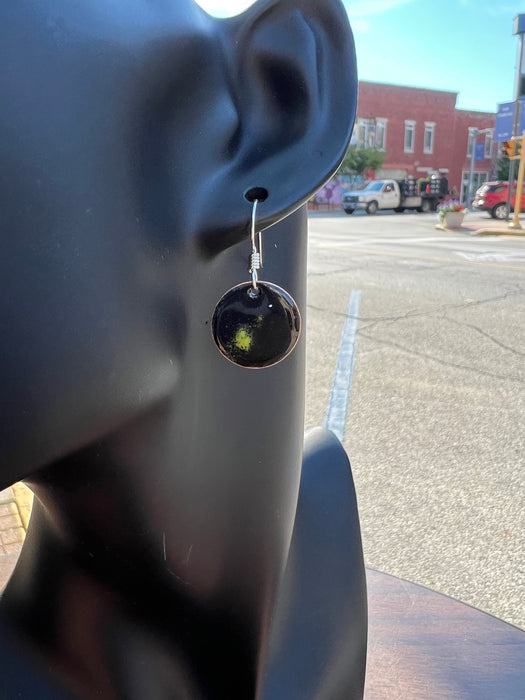 Small Black with Bitter Green Accents  Handmade Enameled Copper Earrings ~ 5/8 inch round earrings sterling silver ear wire