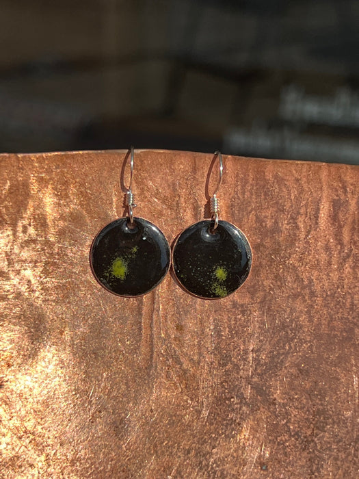 Small Black with Bitter Green Accents  Handmade Enameled Copper Earrings ~ 5/8 inch round earrings sterling silver ear wire