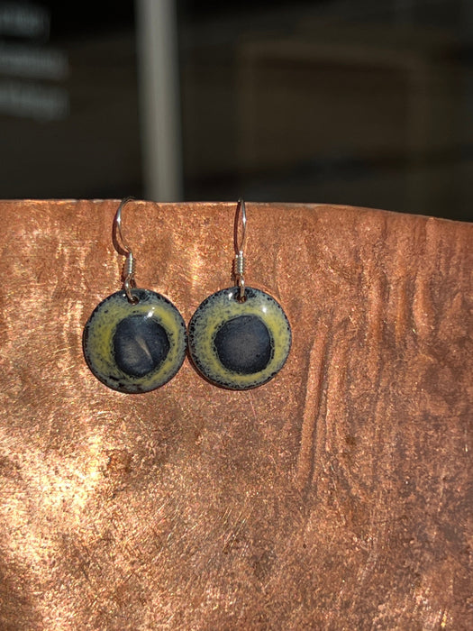 Small Oddly Holographic Eye Handmade Enameled Copper Earrings ~ 5/8 inch round earrings sterling silver ear wire