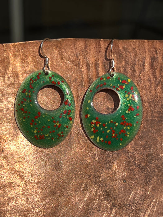 Handmade Enameled Copper Earrings ~~ Christmas Evergreen with Gold and Red Confetti ~ Sterling Silver Ear wires