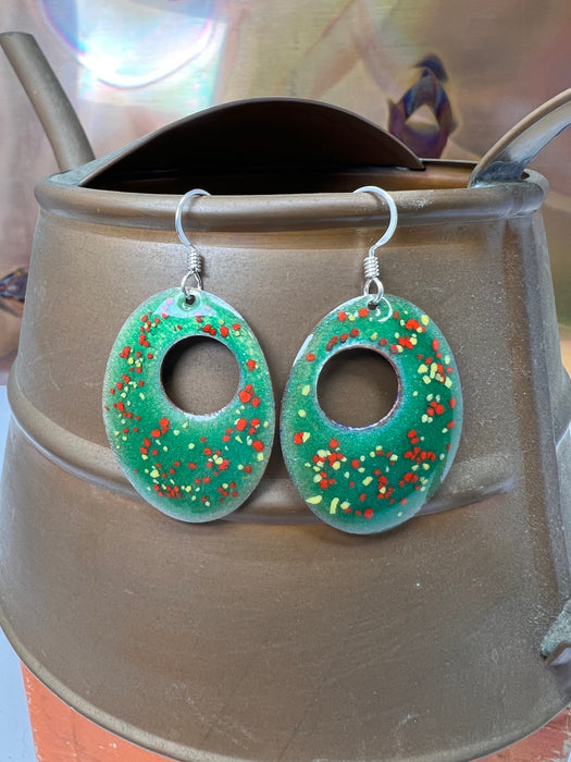 Handmade Enameled Copper Earrings ~~ Christmas Evergreen with Gold and Red Confetti ~ Sterling Silver Ear wires