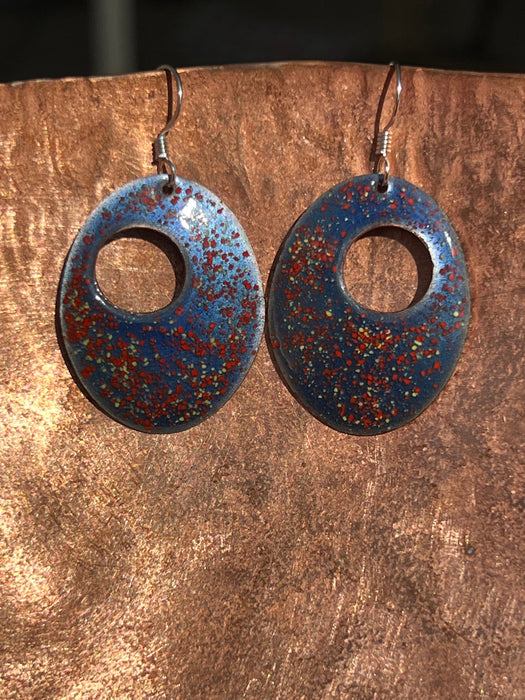 Handmade Enameled Copper Earrings ~~ Periwinkle Blue with Gold and Red Confetti ~ Sterling Silver Ear wires