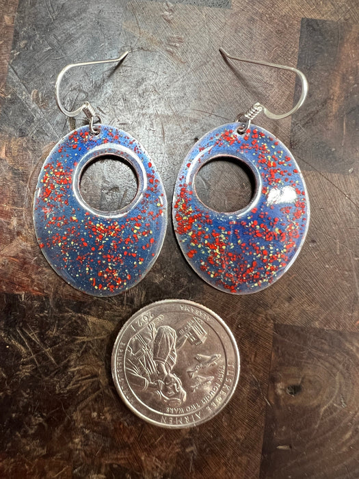 Handmade Enameled Copper Earrings ~~ Periwinkle Blue with Gold and Red Confetti ~ Sterling Silver Ear wires