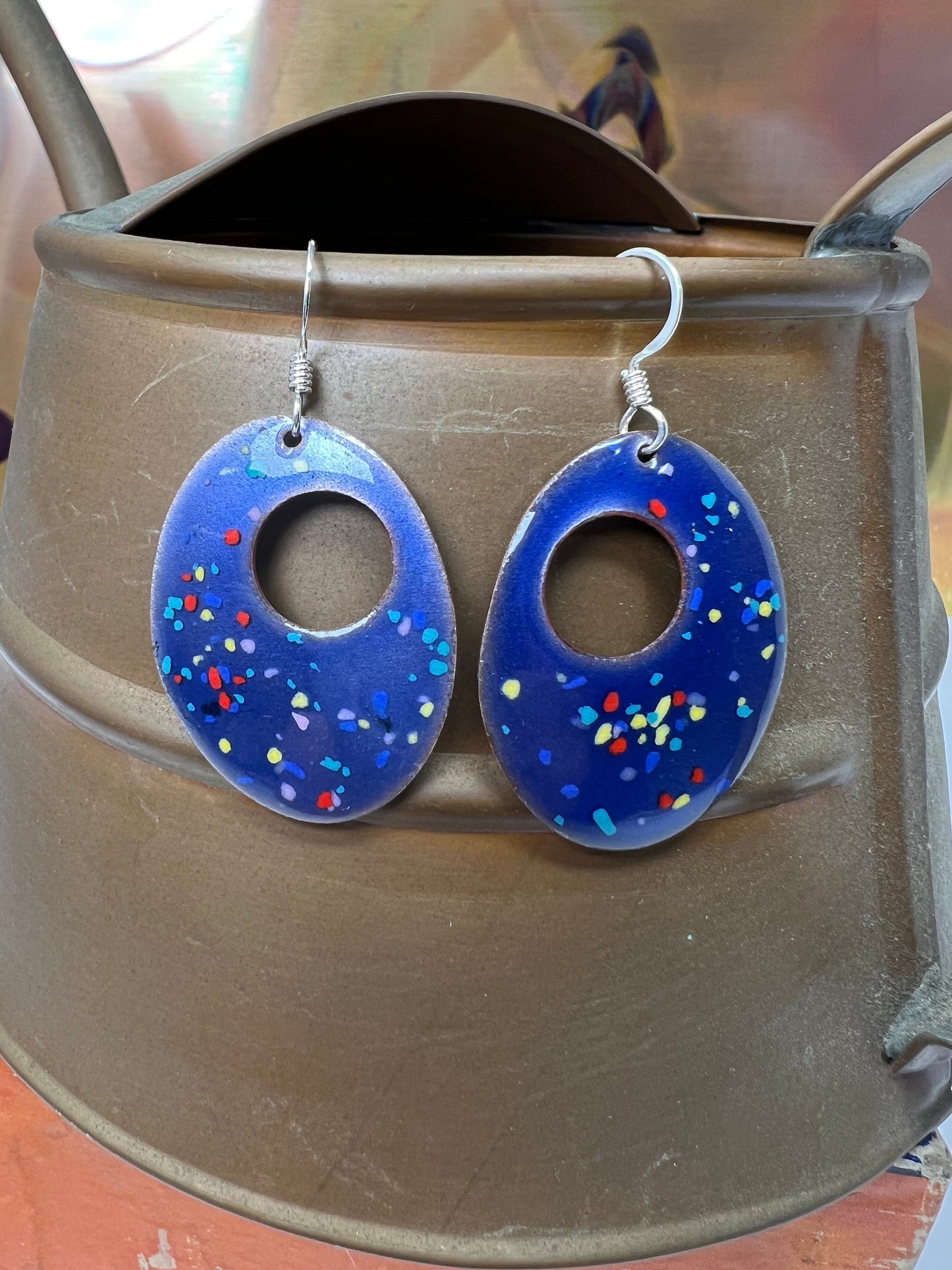 Enameled Copper Earrings ~ Periwinkle Blue with Multicolored Confetti ~ Sterling Silver Ear wires - Handcrafted in the USA by The Fussy Pup