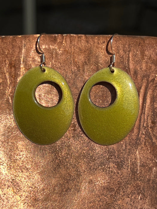 Transparent Chartreuse Yellow Green Enameled Copper Dangle Earrings ~ Sterling Silver Ear wires - Handcrafted in the USA