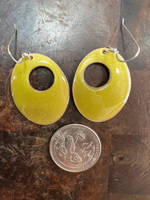 Transparent Chartreuse Yellow Green Enameled Copper Dangle Earrings ~ Sterling Silver Ear wires - Handcrafted in the USA