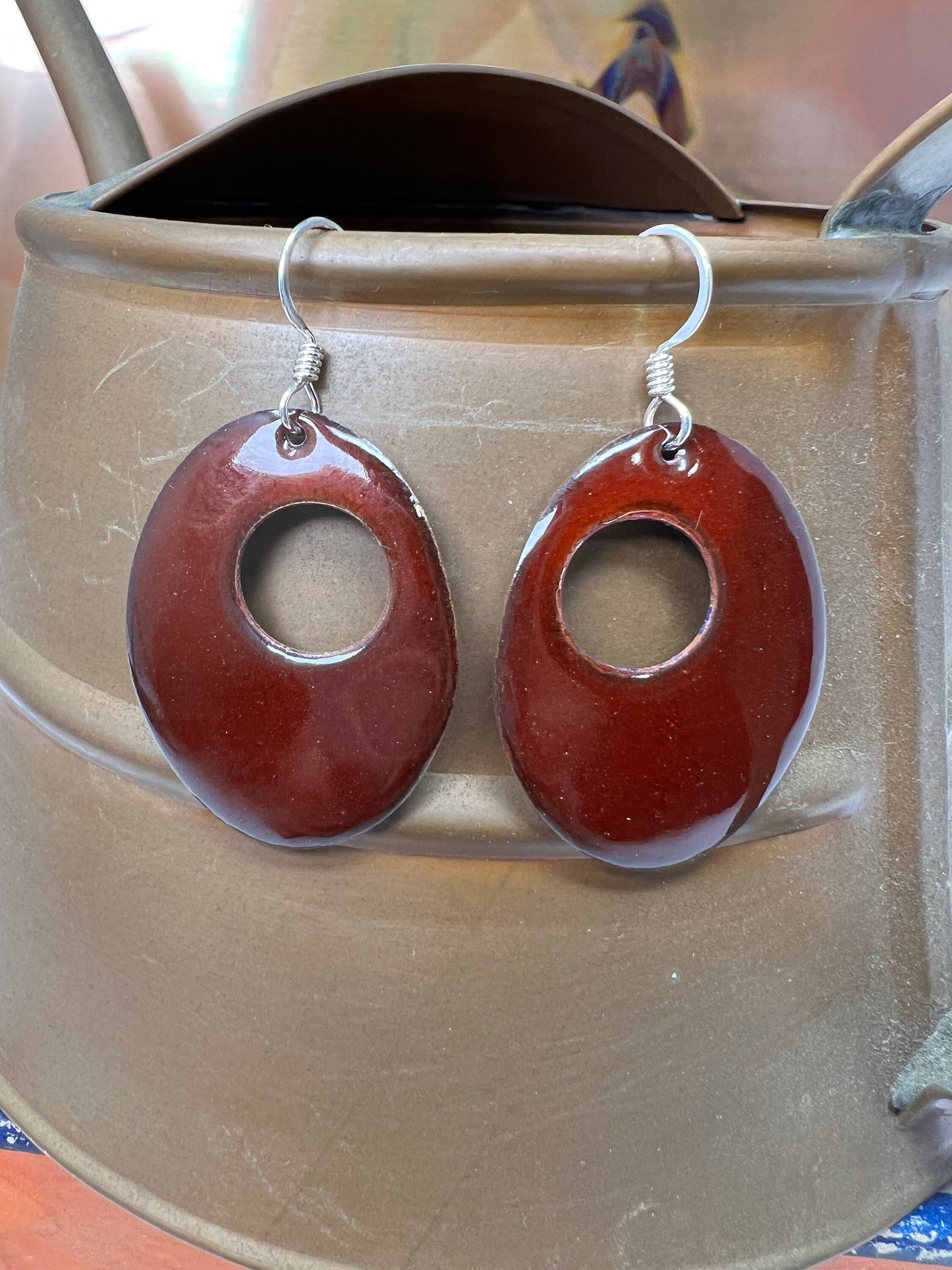 Enameled Copper Earrings ~ Transparent Dark Chocolate ~ Sterling Silver Ear Wires  Handmade in the USA by The Fussy Pup - Deep Reddish Brown