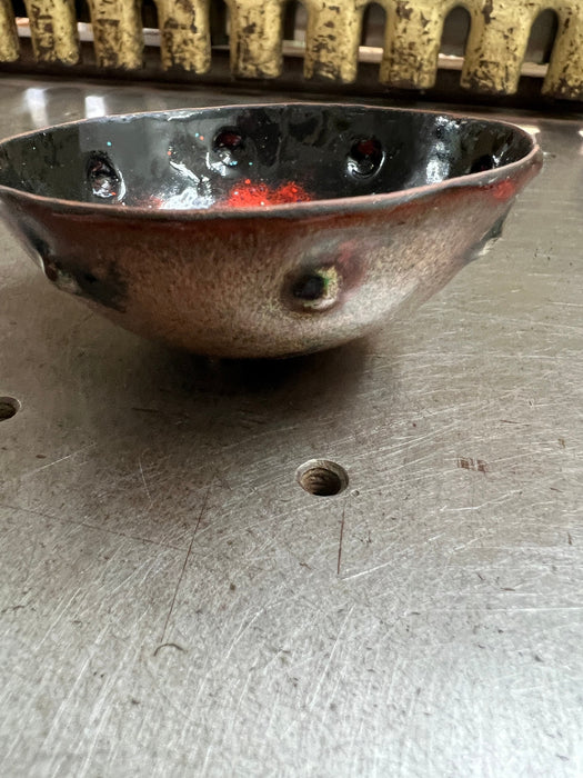 Hand Hammered Kiln Fired Copper and Vitreous Enamel Bowl ~ Black and Flame Orange