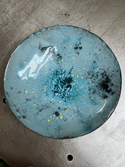 Hand Hammered Kiln Fired Copper and Vitreous Enamel Bowl ~ Blue Red Black and Grey