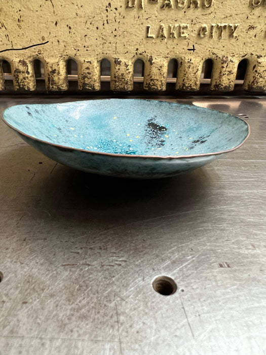 Hand Hammered Kiln Fired Copper and Vitreous Enamel Bowl ~ Blue Red Black and Grey