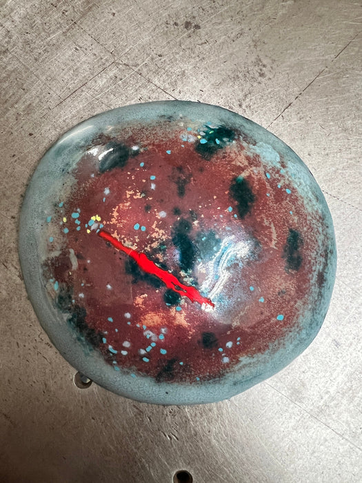 Hand Hammered Kiln Fired Copper and Vitreous Enamel Bowl ~ Blue Red Black and Grey