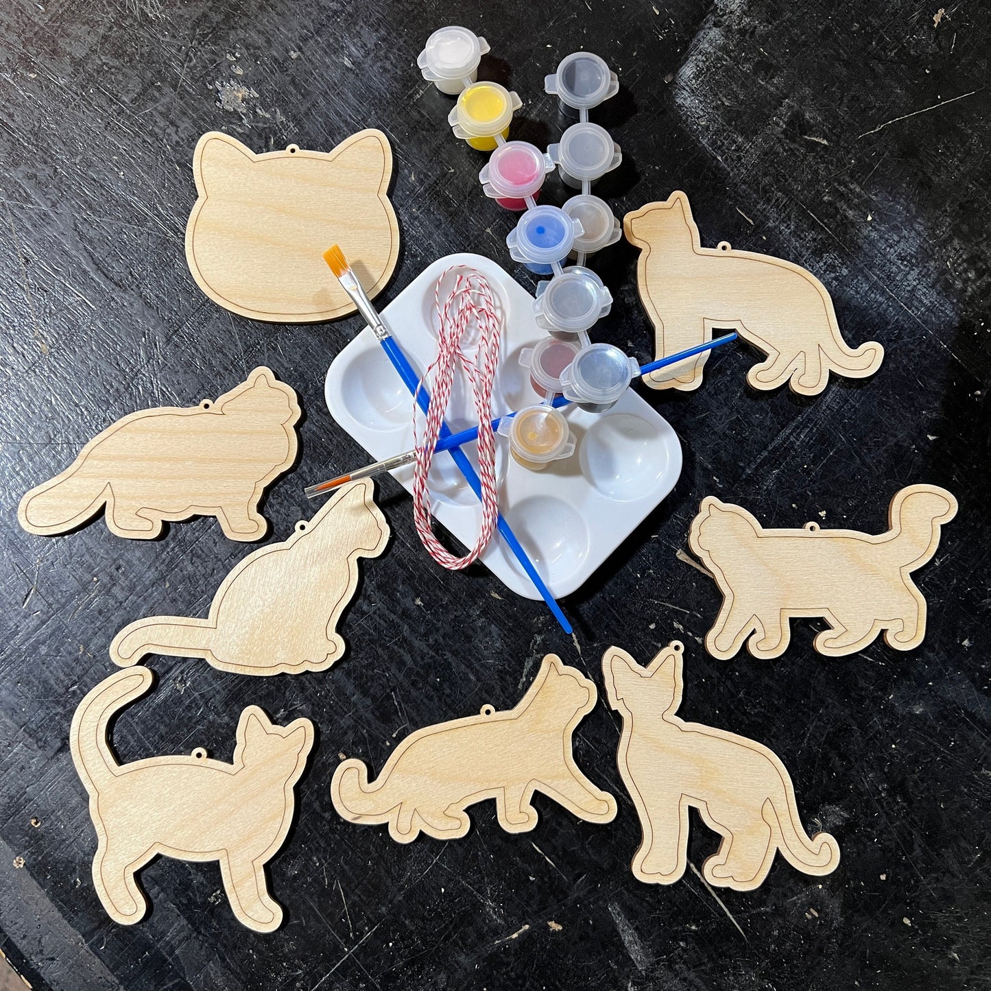 8 Cats - Paint Your Own DIY Ornament - Ready to Make Craft Kit w/ Laser Cut Wood Shapes Paint - Brushes - Palette - Gift For Kids & Adults