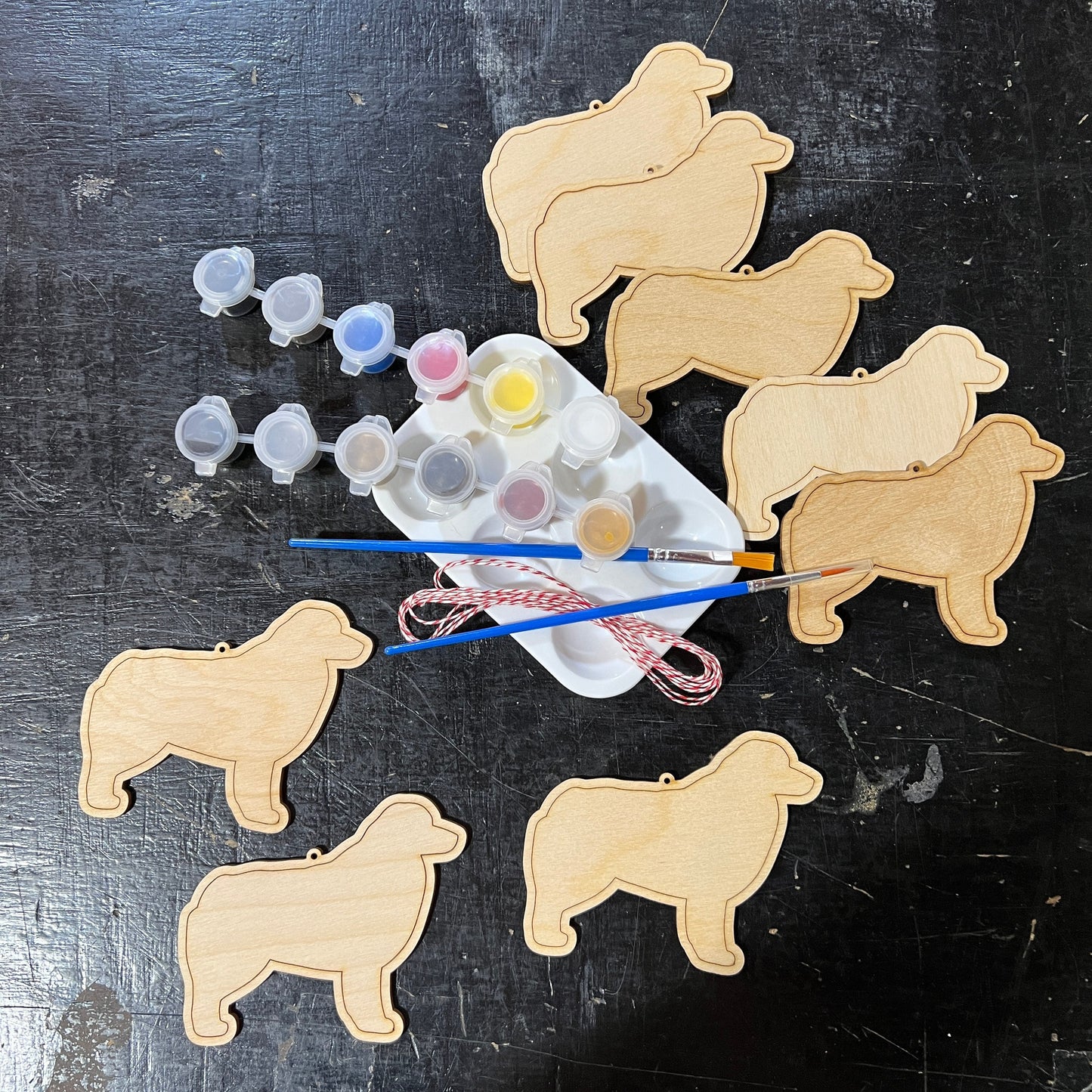 8 Australian Shepherd Dog - Paint Your Own DIY Ornament - Ready to Make Craft Kit w/ Laser Cut Wood Shapes Paint - Brushes - Palette