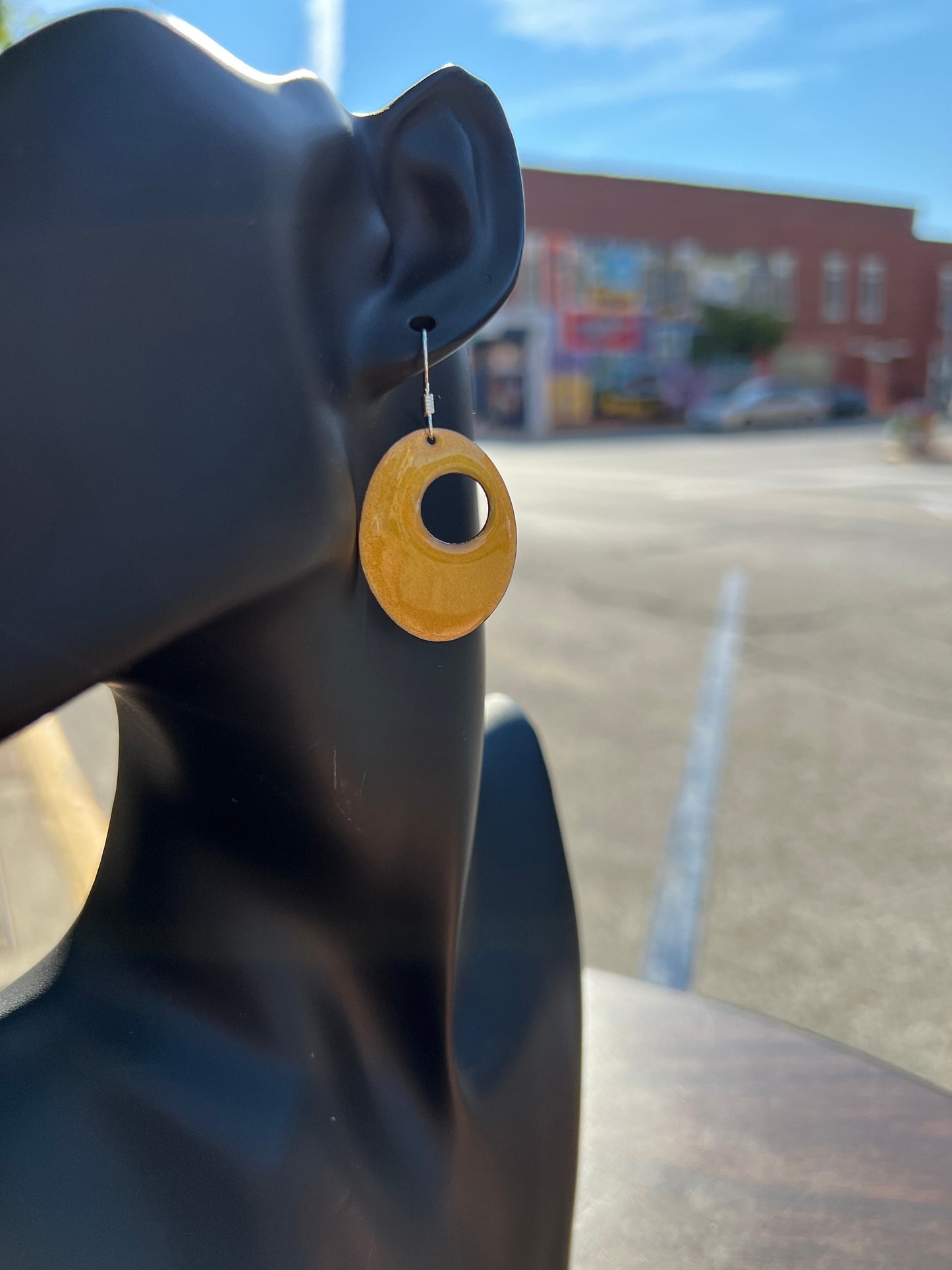 Dangling Golden Yellow Handmade Enameled Copper Earrings with Sterling Silver French Hook Ear wires by The Fussy Pup