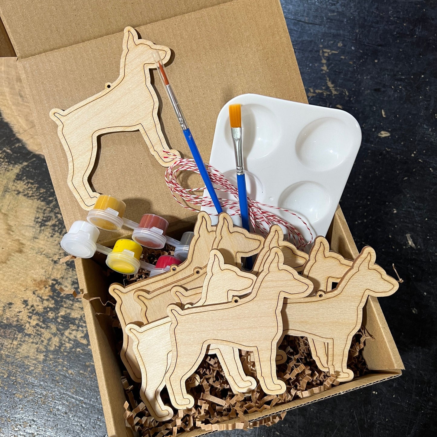 Doberman Pinscher Dog - Paint Your Own DIY Ornament Set - Ready to Make Craft Kit w/ Laser Cut Wood Shapes Paint - Brushes - Palette