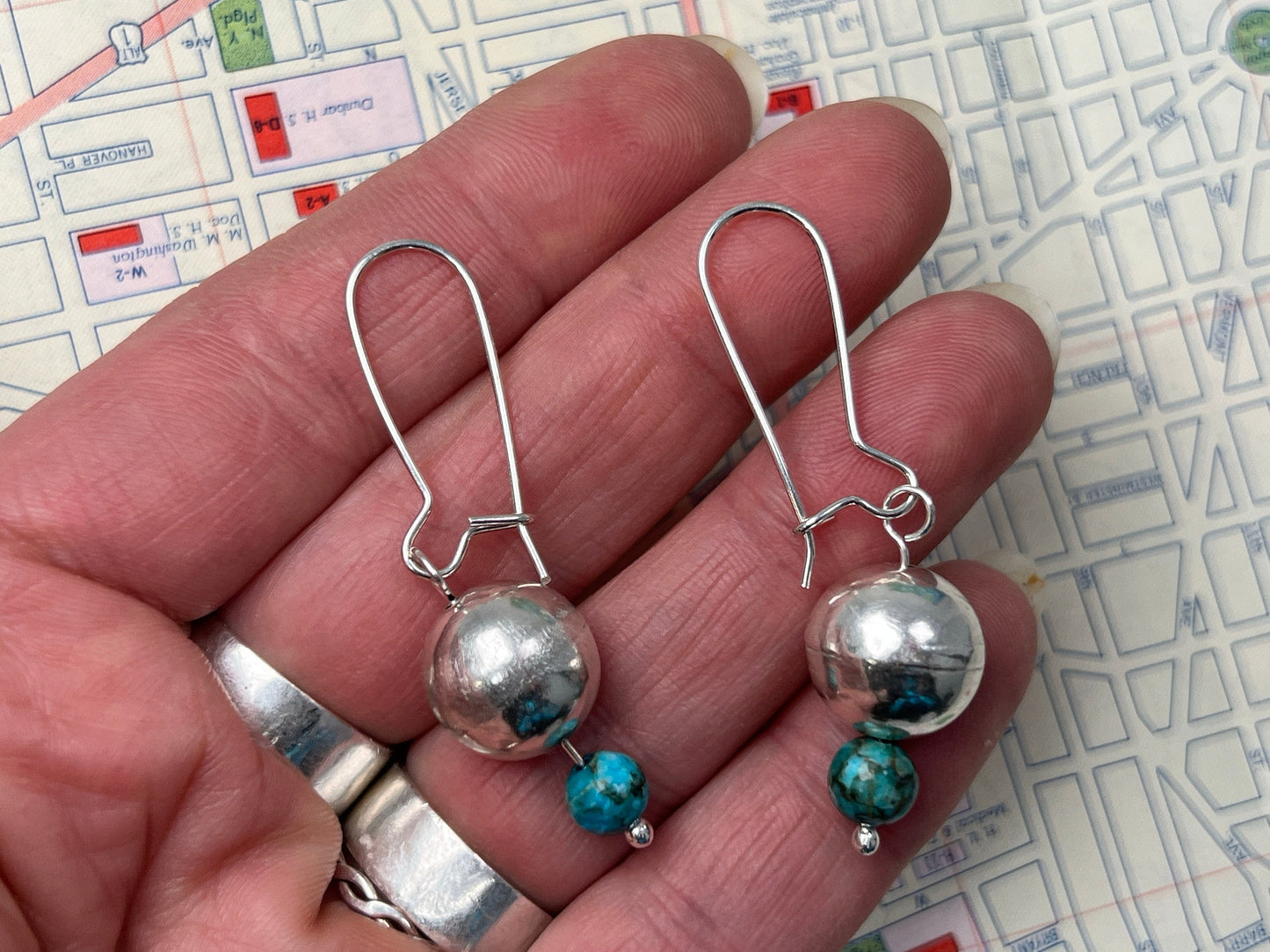 Sterling Silver Bench Bead and Natural Blue Turquoise Beads Kidney Wire Earrings - Made in USA - Handcrafted Jewelry by The Fussy Pup