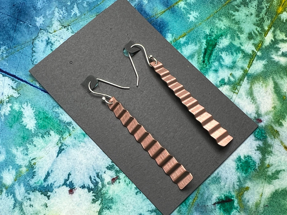 Shiny Copper Trapezoid with Silver French Hook Ear Wire Earrings 2 inches long - Made in USA - Handcrafted Jewelry by The Fussy Pup