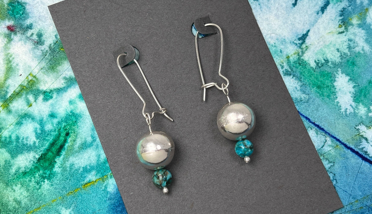 Sterling Silver Bench Bead and Natural Blue Turquoise Beads Kidney Wire Earrings - Made in USA - Handcrafted Jewelry by The Fussy Pup