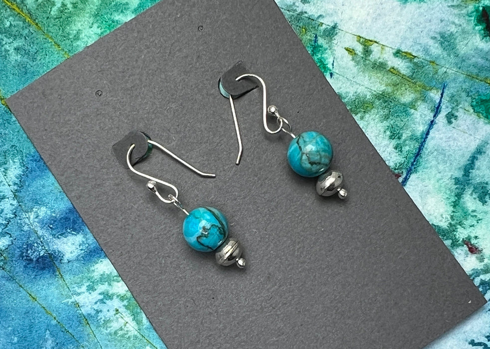 Natural Blue Turquoise and Sterling Silver Bench Bead w/ French Hook Ear Wire Earrings - Made in USA - Handcrafted Jewelry by The Fussy Pup