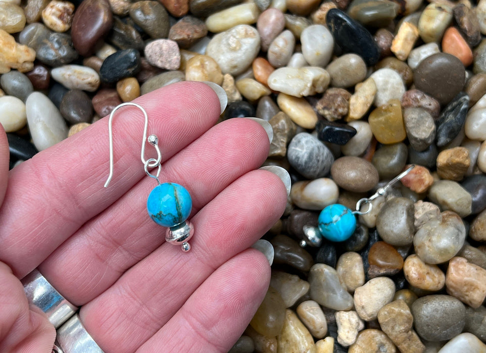 Natural Blue Turquoise and Sterling Silver Bench Bead w/ French Hook Ear Wire Earrings - Made in USA - Handcrafted Jewelry by The Fussy Pup