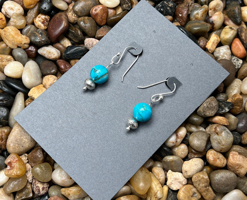 Natural Blue Turquoise and Sterling Silver Bench Bead w/ French Hook Ear Wire Earrings - Made in USA - Handcrafted Jewelry by The Fussy Pup