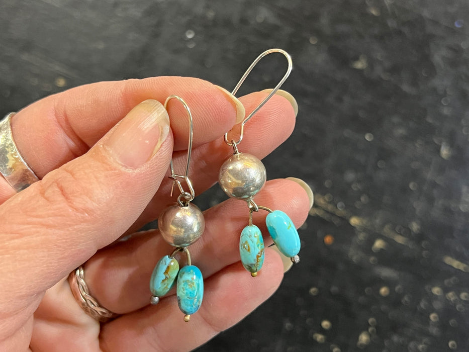 Southwest Splendor, Handcrafted Sterling Silver and Turquoise Bead Earrings, Hand forged Kidney Ear Wire Earrings - Made in USA