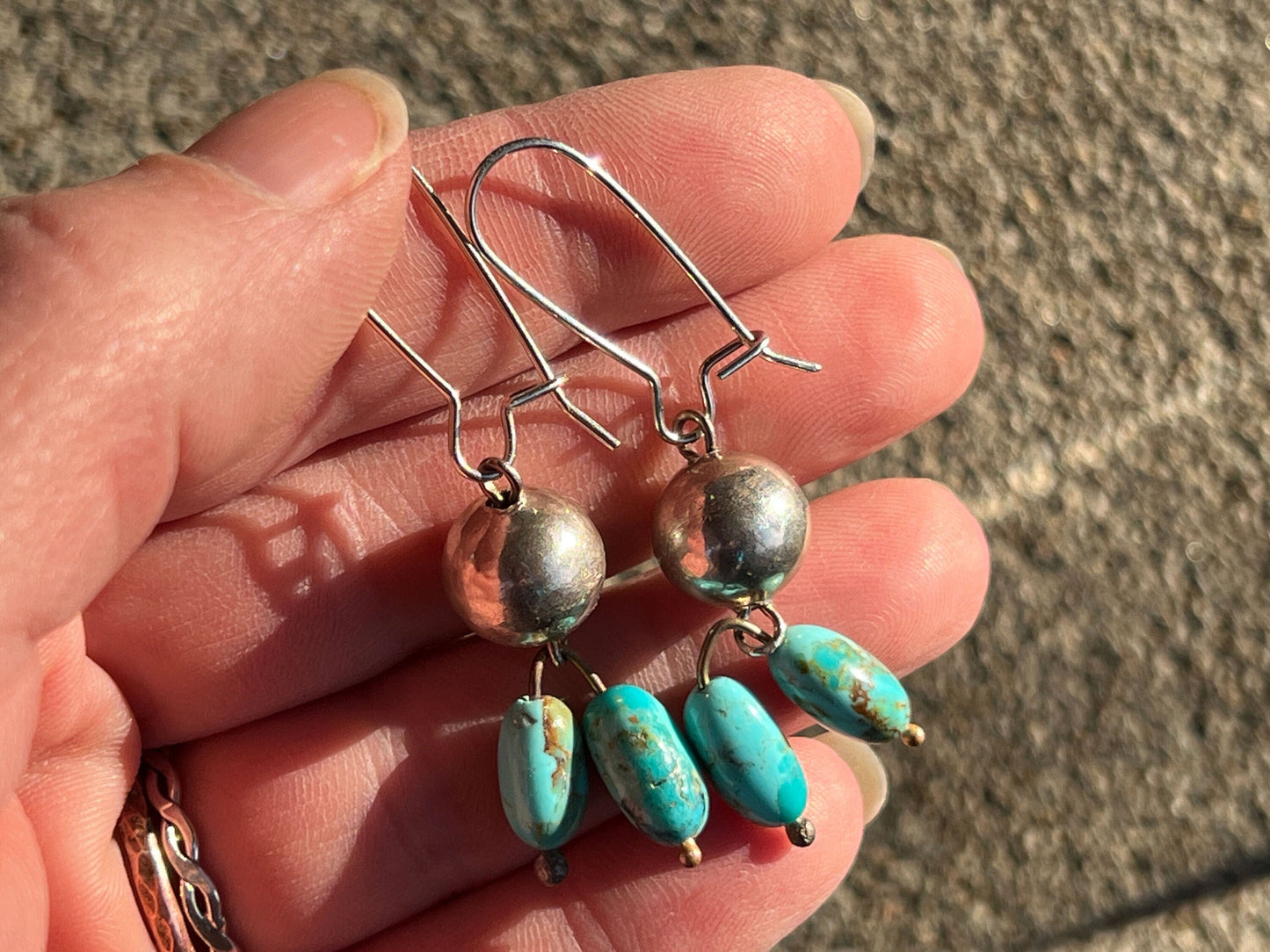 Southwest Splendor, Handcrafted Sterling Silver and Turquoise Bead Earrings, Hand forged Kidney Ear Wire Earrings - Made in USA