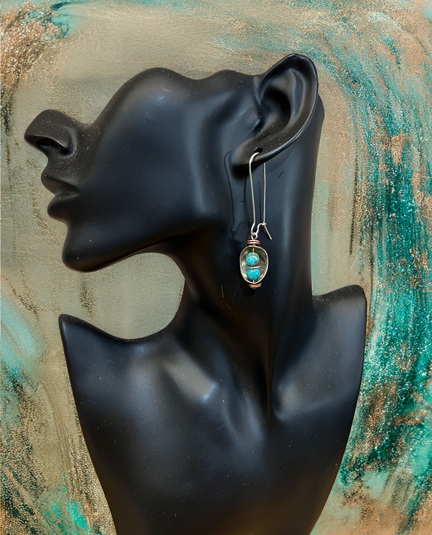 Nature's Embrace, Handcrafted Sterling Silver and Turquoise Earrings with a hint of copper - Hand forged Kidney Ear Wire - Made in USA