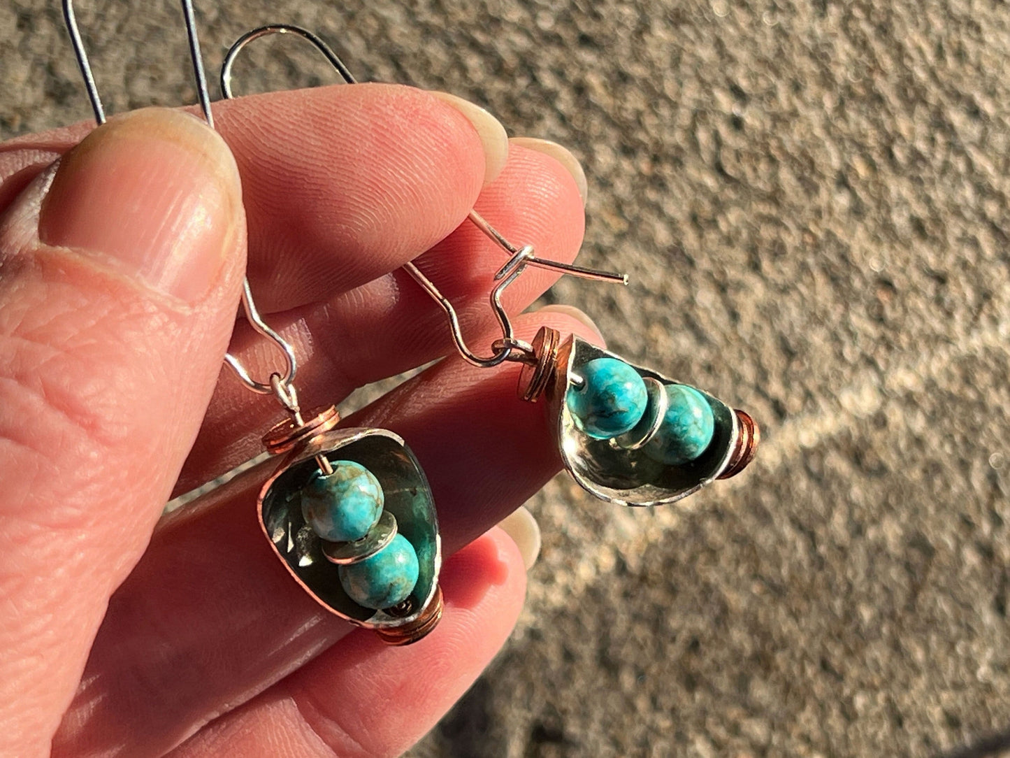 Nature's Embrace, Handcrafted Sterling Silver and Turquoise Earrings with a hint of copper - Hand forged Kidney Ear Wire - Made in USA