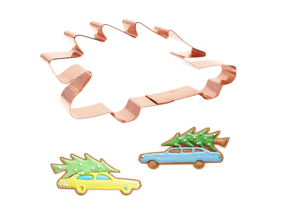 Station Wagon Car with Fresh Cut Christmas Tree Cookie Cutter, 6.25 x 2.75 inches, Handcrafted Copper by The Fussy Pup